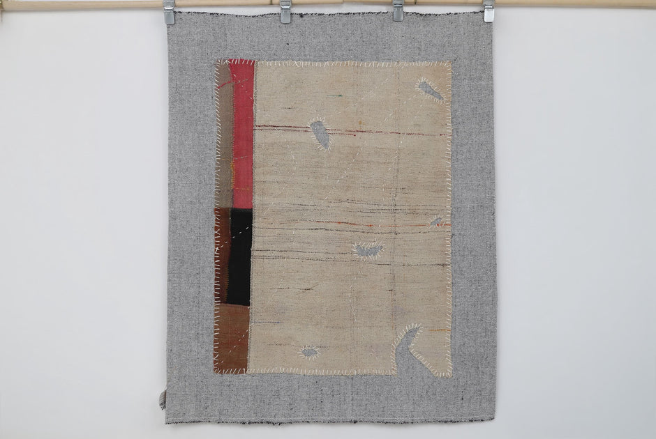 3x4 Beige Wool Tapestry Rug, Minimalist Abstract Textile Wall Hanging, Modern Fiber Art Decor