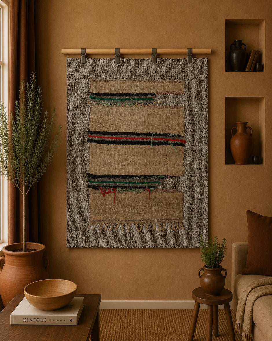 3x4 Wool Tapestry Rug, Neutral Striped Textile Wall Hanging, Handmade Rustic Fiber Art