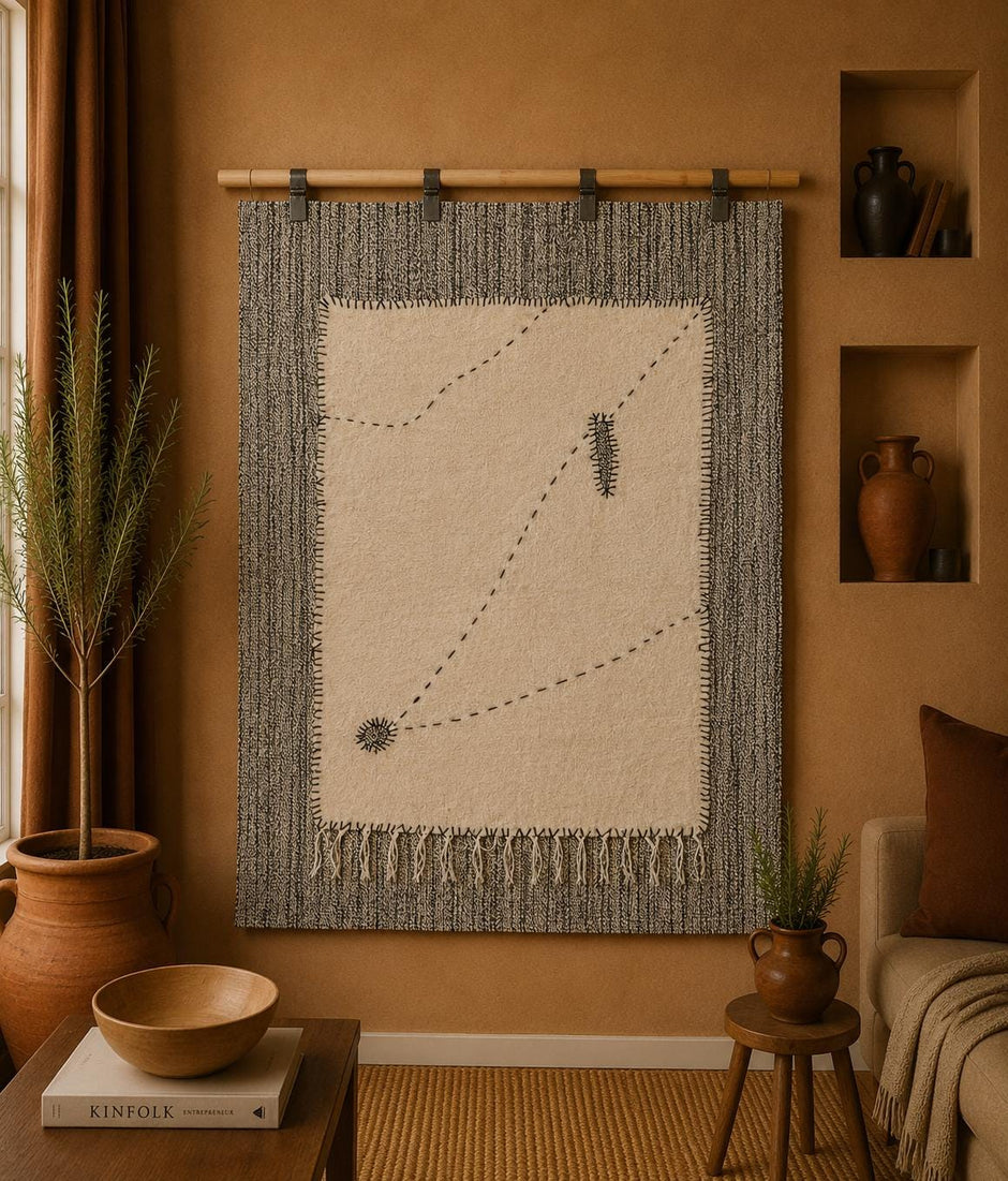 4x4 Wool Tapestry Rug, Ivory Minimalist Textile Wall Hanging, Hand Stitched Fiber Art Decor