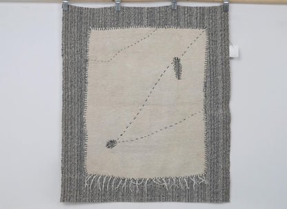 4x4 Wool Tapestry Rug, Ivory Minimalist Textile Wall Hanging, Hand Stitched Fiber Art Decor