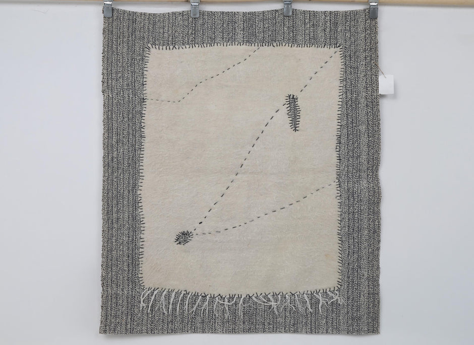 4x4 Wool Tapestry Rug, Ivory Minimalist Textile Wall Hanging, Hand Stitched Fiber Art Decor