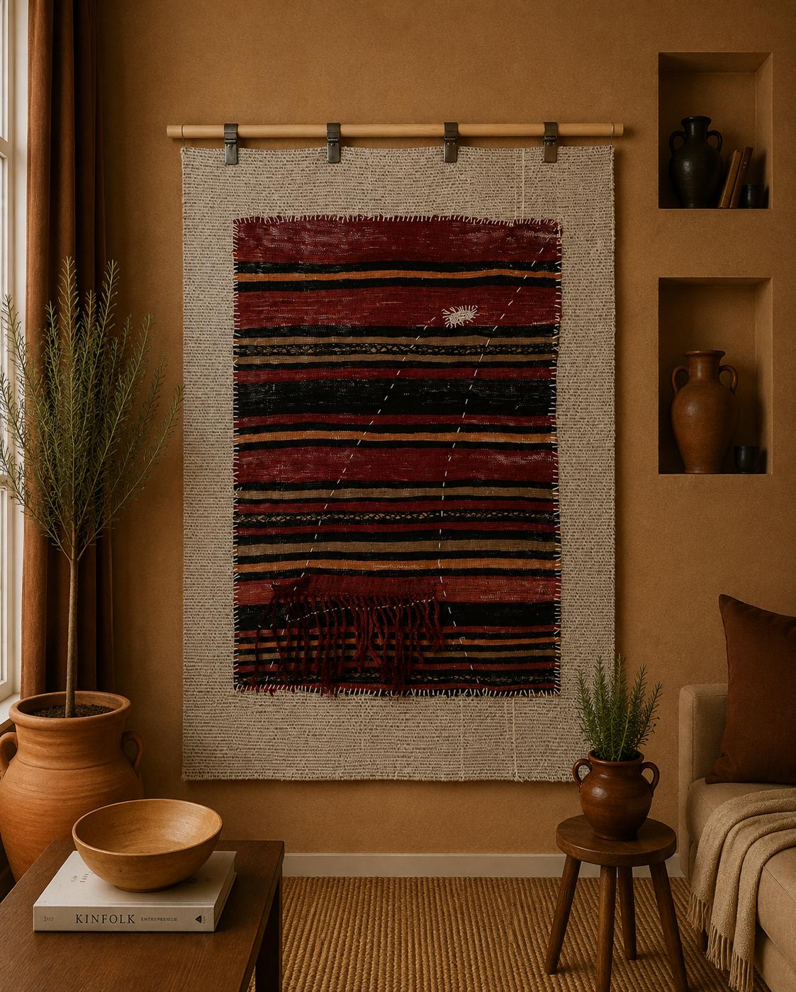 3x4 Wool Tapestry Rug, Red Black Striped Textile Wall Hanging, Rustic Woven Fiber Art Decor