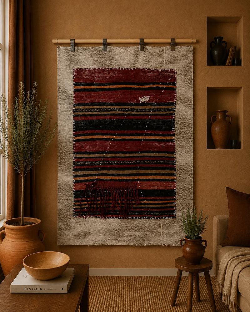 Vintage Turkish Tapestry Rug, Red Black Striped, Rustic Wall Hanging (3'4" x 4'4") - photo 1 of 10