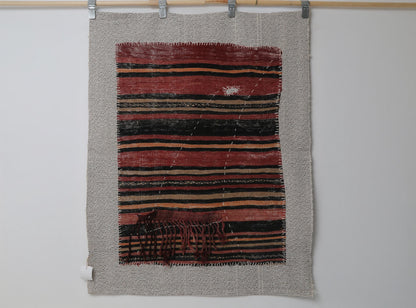 3x4 Wool Tapestry Rug, Red Black Striped Textile Wall Hanging, Rustic Woven Fiber Art Decor