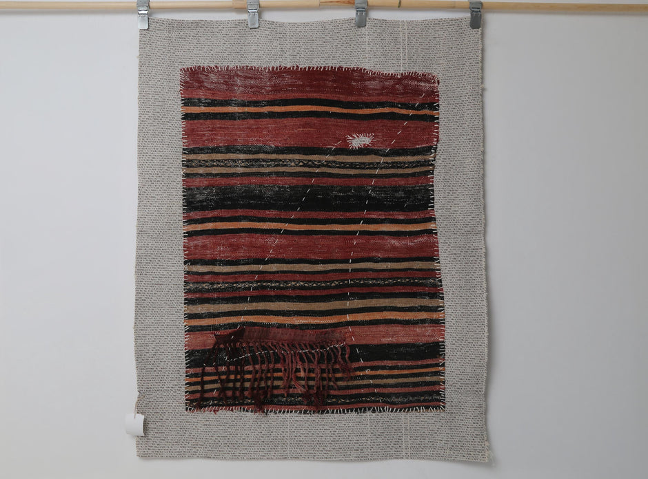 3x4 Wool Tapestry Rug, Red Black Striped Textile Wall Hanging, Rustic Woven Fiber Art Decor