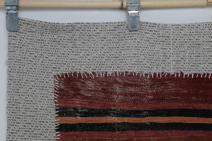 3x4 Wool Tapestry Rug, Red Black Striped Textile Wall Hanging, Rustic Woven Fiber Art Decor