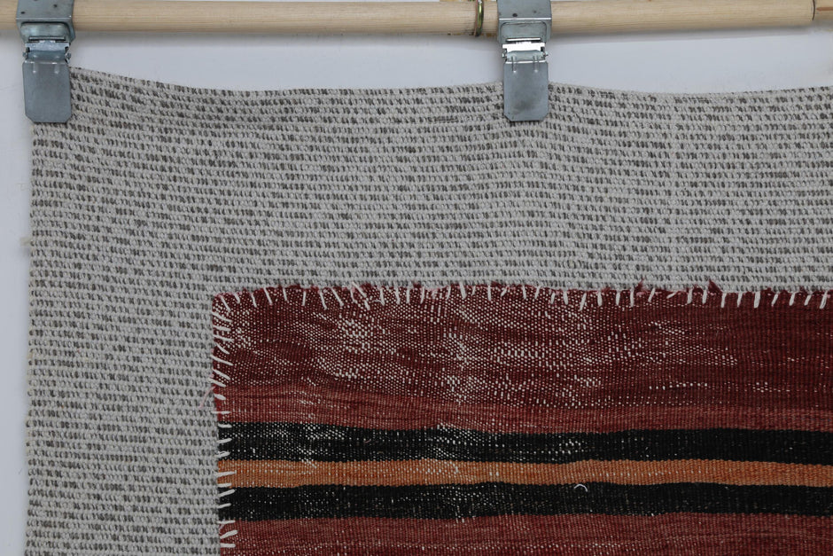 3x4 Wool Tapestry Rug, Red Black Striped Textile Wall Hanging, Rustic Woven Fiber Art Decor