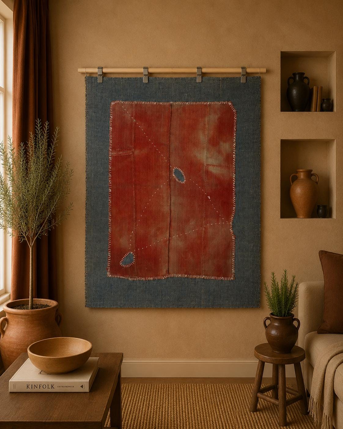 3x4 Handmade Hemp Wool Tapestry Rug, Minimalist Textile Wall Hanging, Rustic Fiber Art Decor