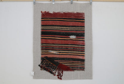 3x4 Wool Tapestry Rug, Red Black Striped Textile Wall Hanging, Rustic Woven Fiber Art