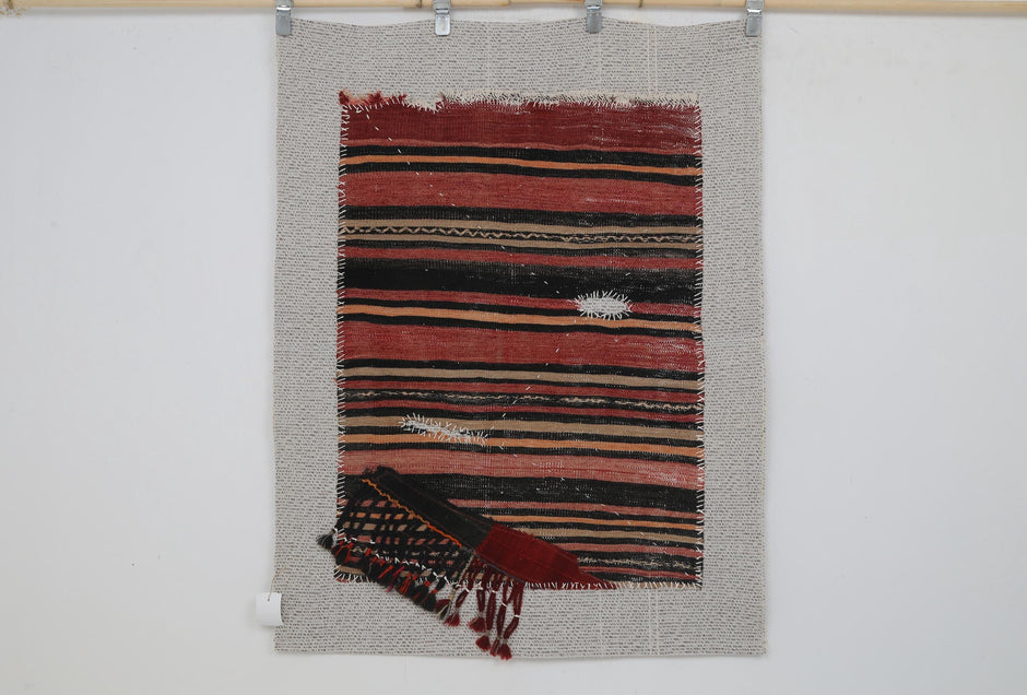3x4 Wool Tapestry Rug, Red Black Striped Textile Wall Hanging, Rustic Woven Fiber Art
