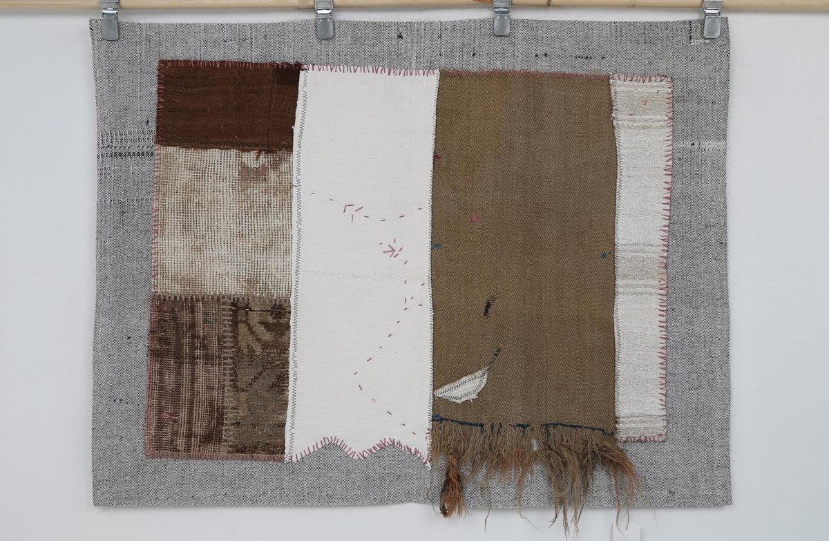 3x4 Wool Tapestry Rug, Neutral Patchwork Textile Wall Hanging, Brown Ivory Fiber Art Decor