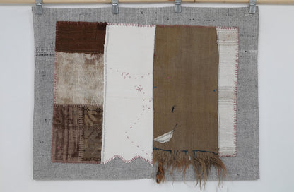 3x4 Wool Tapestry Rug, Neutral Patchwork Textile Wall Hanging, Brown Ivory Fiber Art Decor