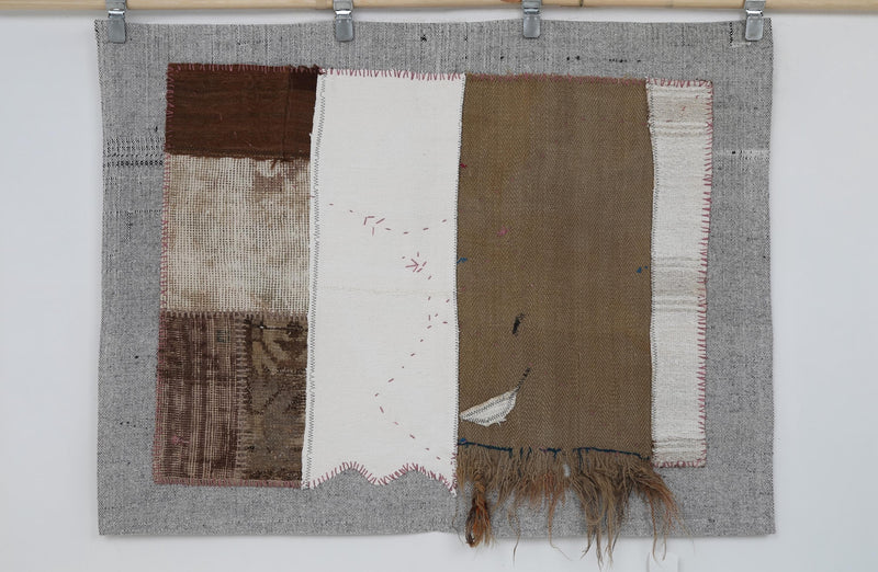 Vintage Turkish Patchwork Tapestry Rug, Brown Ivory Color Block Wall Hanging (3'2" x 4'3")