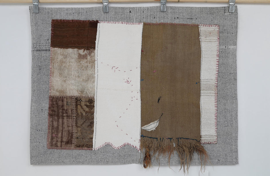 3x4 Wool Tapestry Rug, Neutral Patchwork Textile Wall Hanging, Brown Ivory Fiber Art Decor