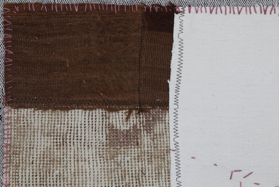3x4 Wool Tapestry Rug, Neutral Patchwork Textile Wall Hanging, Brown Ivory Fiber Art Decor