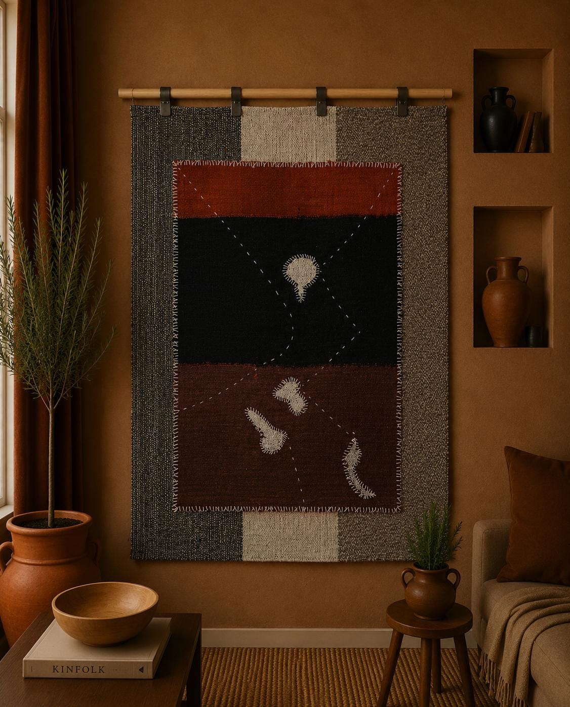 3x4 Wool Tapestry Rug, Black Rust Brown Abstract Textile Wall Hanging, Modern Fiber Art Decor