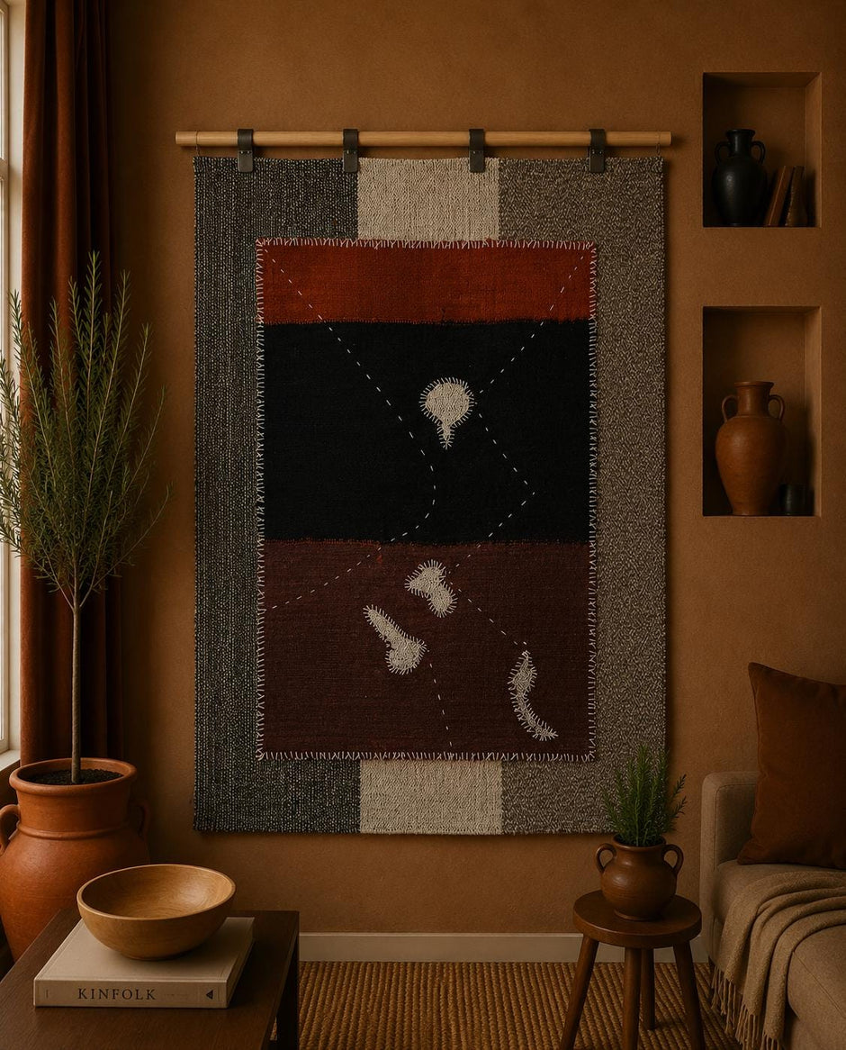 3x4 Wool Tapestry Rug, Black Rust Brown Abstract Textile Wall Hanging, Modern Fiber Art Decor