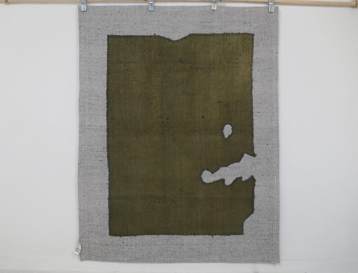 4x5 Wool Hemp Tapestry Rug, Olive Green Minimalist Textile Wall Hanging, Abstract Fiber Art Decor