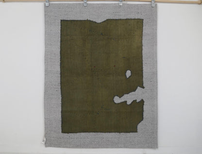 4x5 Wool Hemp Tapestry Rug, Olive Green Minimalist Textile Wall Hanging, Abstract Fiber Art Decor