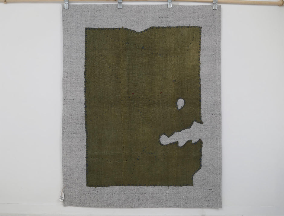 4x5 Wool Hemp Tapestry Rug, Olive Green Minimalist Textile Wall Hanging, Abstract Fiber Art Decor