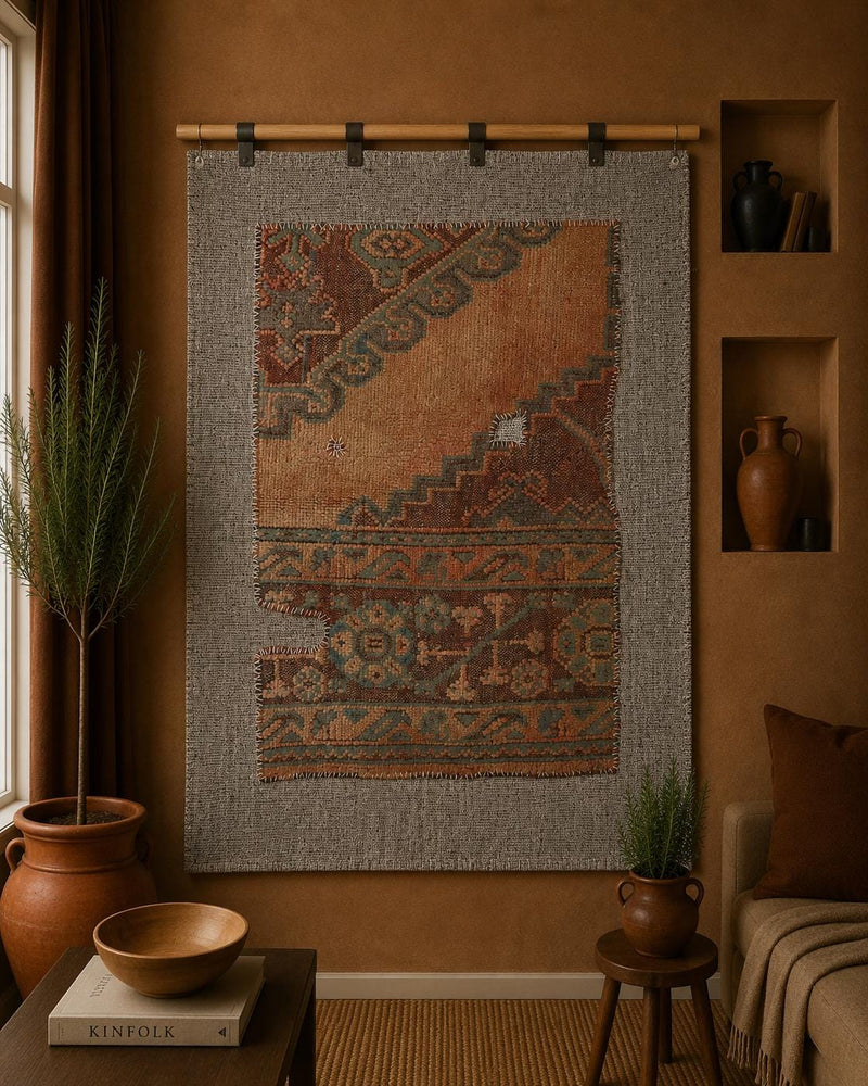 Vintage Turkish Tapestry Rug, Rust Blue Floral Wall Hanging (4'2" x 5'5") - photo 1 of 10