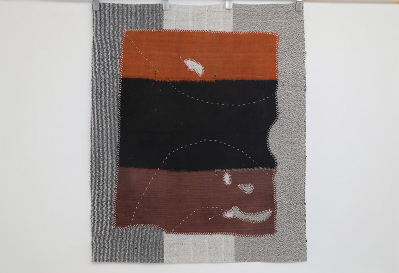 Vintage Turkish Tapestry Rug, Black Rust Color Block Wall Hanging (3'6" x 4'3")