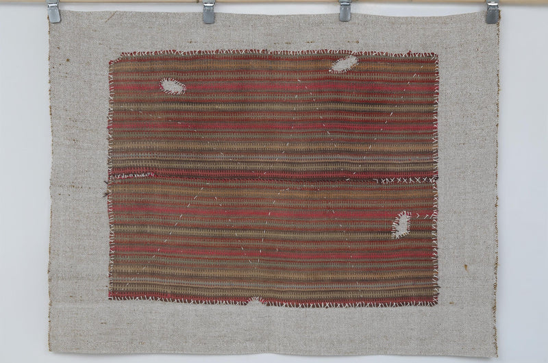 Vintage Turkish Tapestry Rug, Red Brown Striped Wall Hanging (3'4" x 4'5")