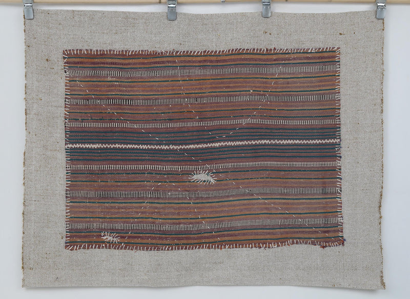 Vintage Turkish Tapestry Rug, Brown Striped Wall Hanging (3'5" x 4'5")