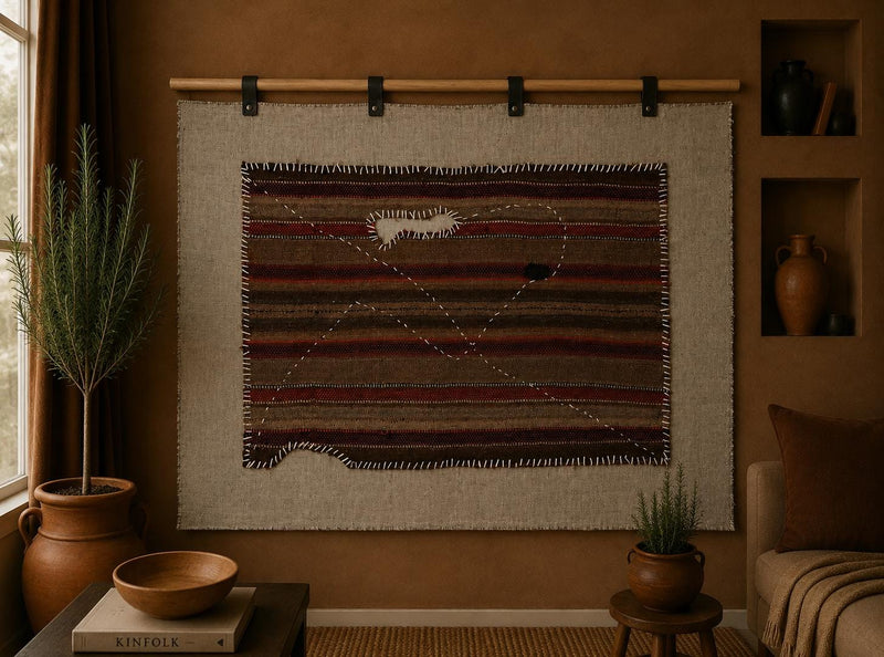 Vintage Turkish Tapestry Rug, Brown Red Striped Wall Hanging (3'4" x 4'6") - photo 1 of 10