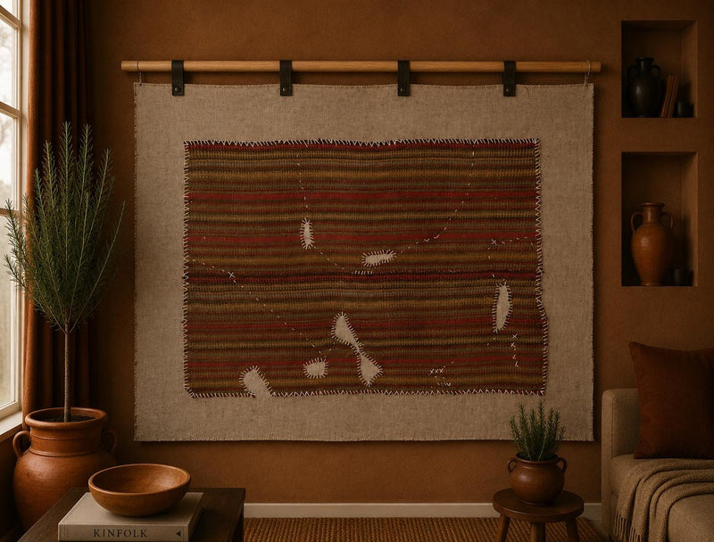 Vintage Turkish Tapestry Rug, Red Brown Striped Wall Hanging (3'5" x 4'6") - photo 1 of 9