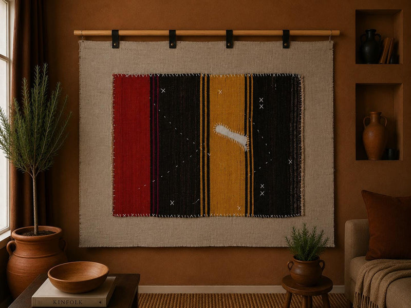 Vintage Turkish Tapestry Rug, Red Yellow Color Block Wall Hanging (3'4" x 4'6") - photo 1 of 9