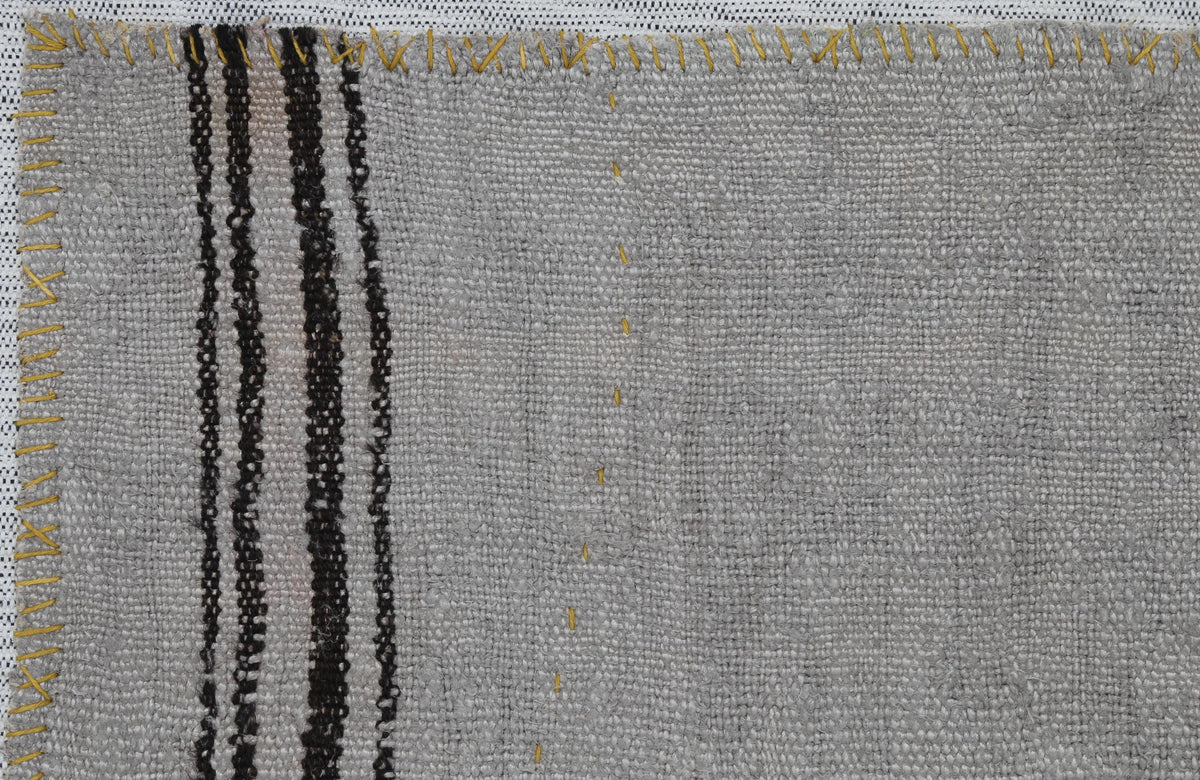 3x4 Vintage Tapestry Rug, Natural Hemp Wool Turkish Textile, Minimal Black Stripe Wall Art