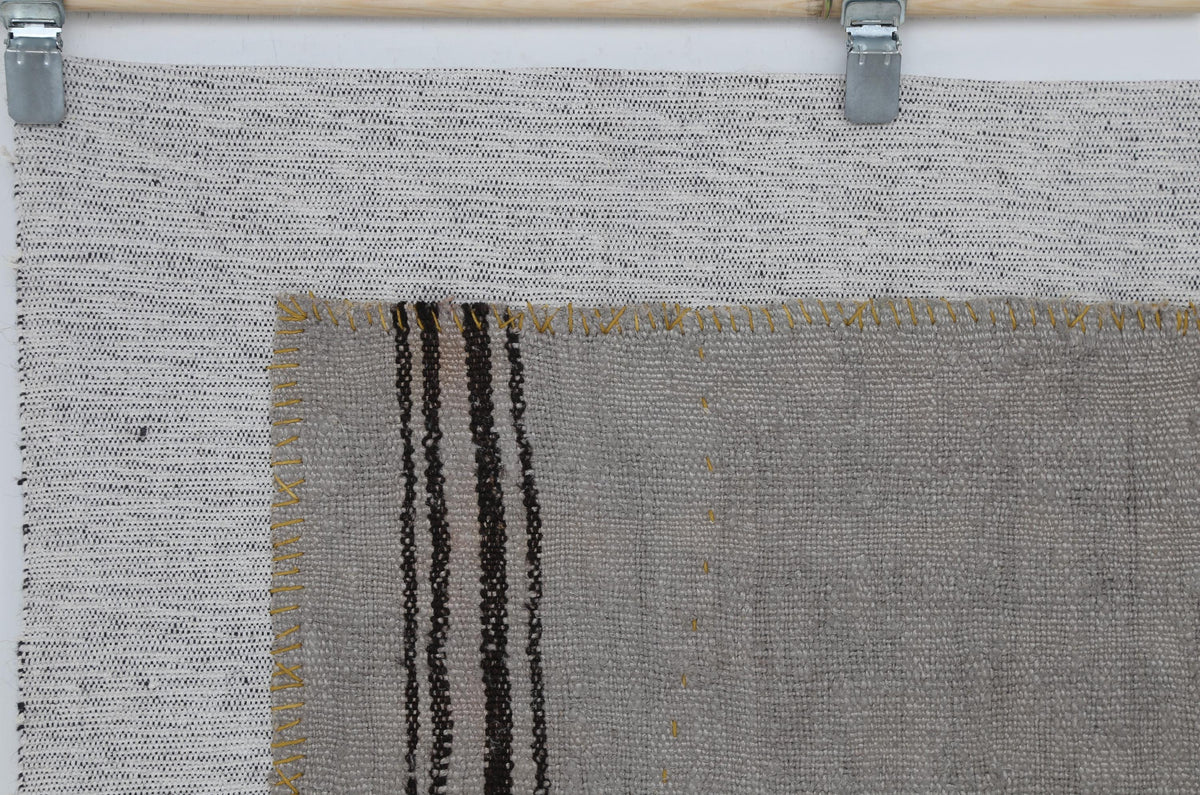 3x4 Vintage Tapestry Rug, Natural Hemp Wool Turkish Textile, Minimal Black Stripe Wall Art