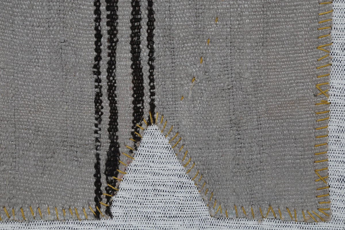 3x4 Vintage Tapestry Rug, Natural Hemp Wool Turkish Textile, Minimal Black Stripe Wall Art