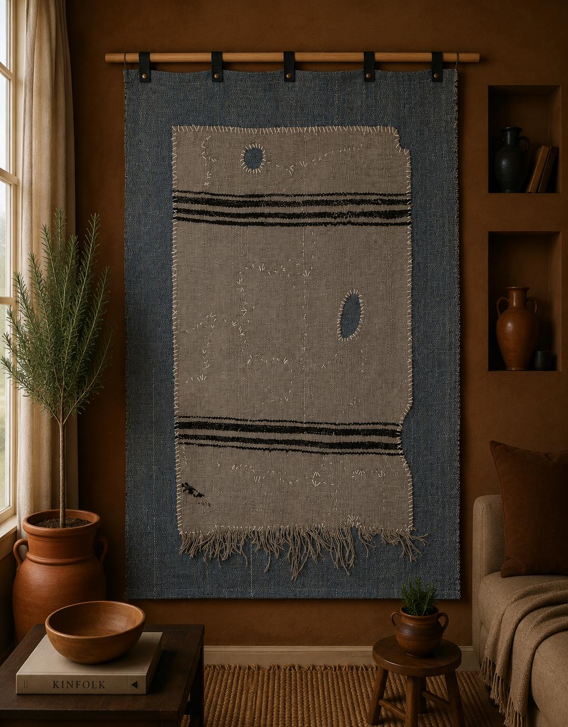 3x4 Vintage Tapestry Rug, Hemp Wool Striped Turkish Textile, Neutral Woven Wall Art