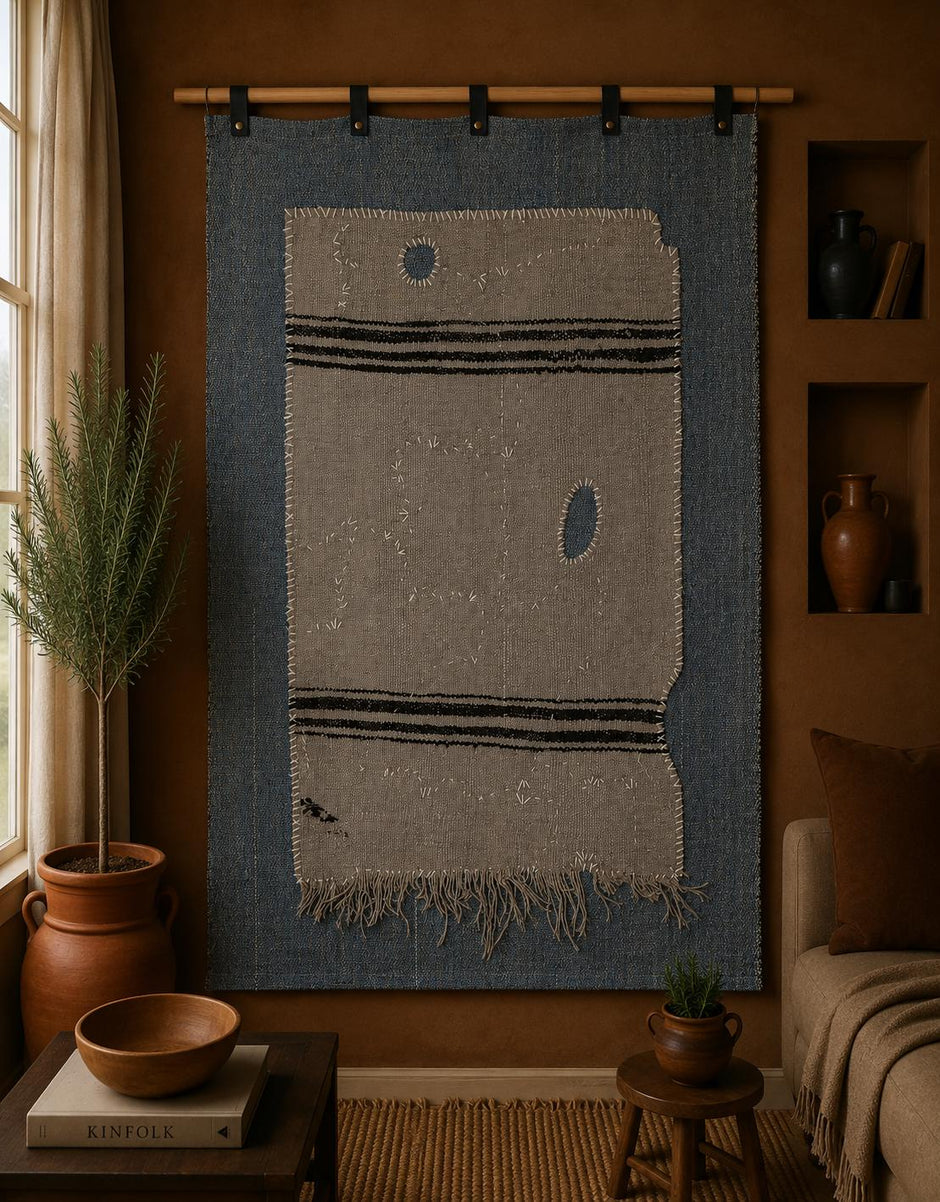 3x4 Vintage Tapestry Rug, Hemp Wool Striped Turkish Textile, Neutral Woven Wall Art