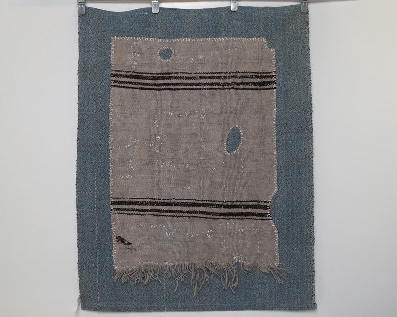 Vintage Turkish Tapestry Rug, Gray Black Striped Wall Hanging (3'6" x 4'6")