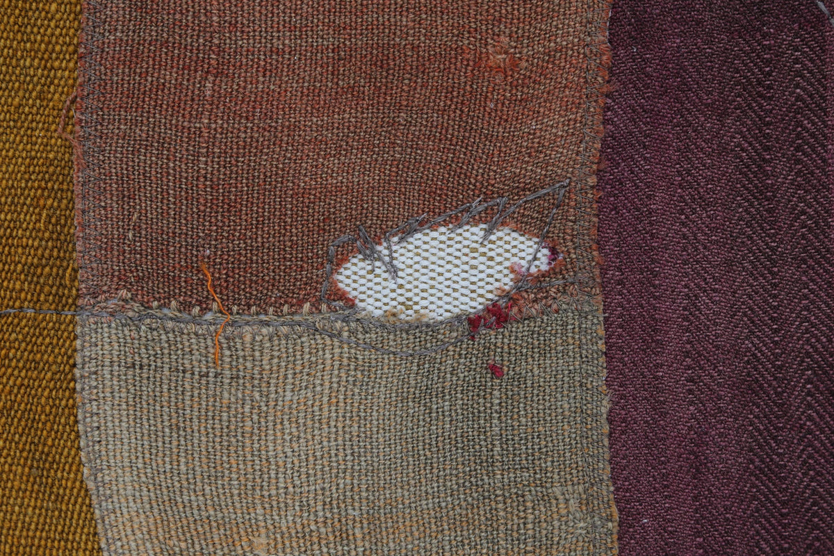 3x4 Vintage Tapestry Rug, Hemp Wool Patchwork Textile, Earth Tone Turkish Woven Wall Art