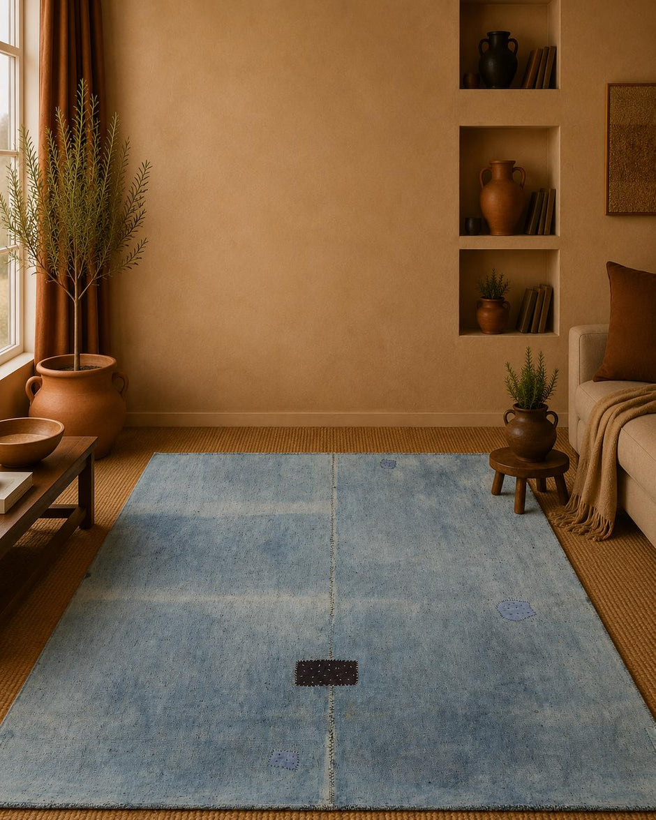 Vintage Hemp Rug 6x6, Blue Turkish Hemp Old Rug, Minimalist Natural Fiber Area Rug
