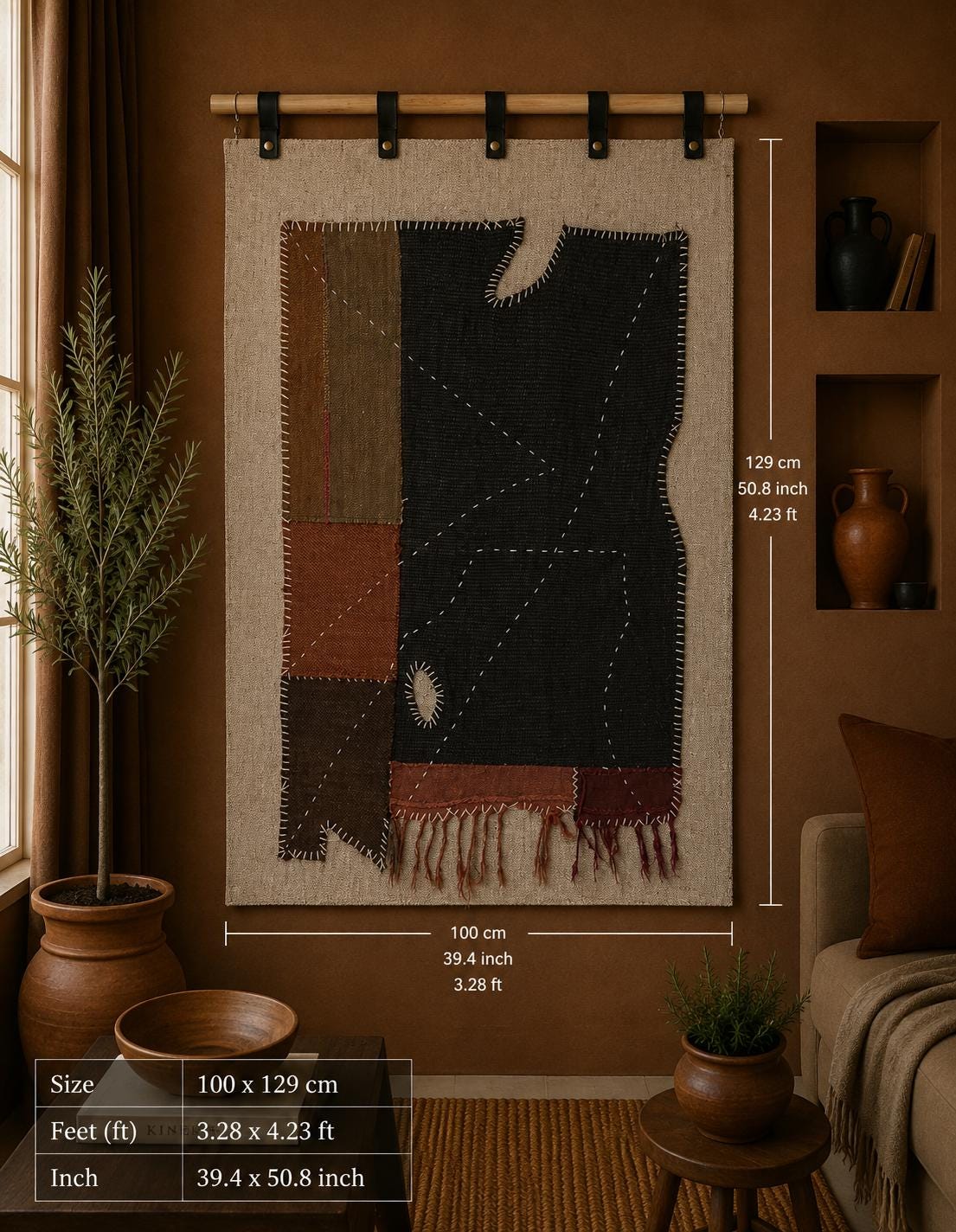 3x4 Vintage Turkish Tapestry Rug, Black Brown Hemp Wool Patchwork, Woven Textile Wall Art