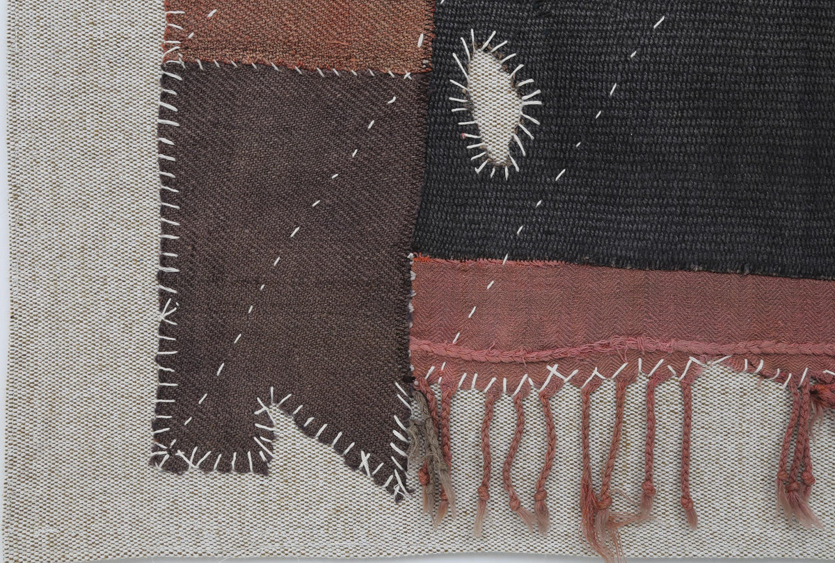3x4 Vintage Turkish Tapestry Rug, Black Brown Hemp Wool Patchwork, Woven Textile Wall Art