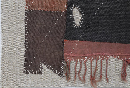 3x4 Vintage Turkish Tapestry Rug, Black Brown Hemp Wool Patchwork, Woven Textile Wall Art