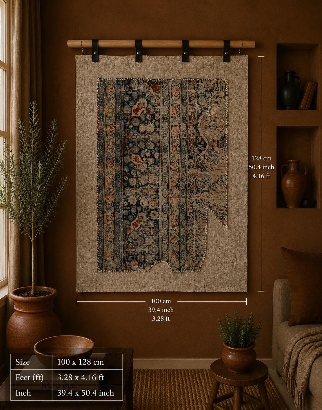 3x4 Vintage Turkish Tapestry Rug, Blue Beige Floral Wool Textile, Distressed Woven Wall Art