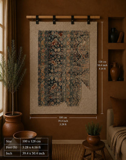 3x4 Vintage Turkish Tapestry Rug, Blue Beige Floral Wool Textile, Distressed Woven Wall Art