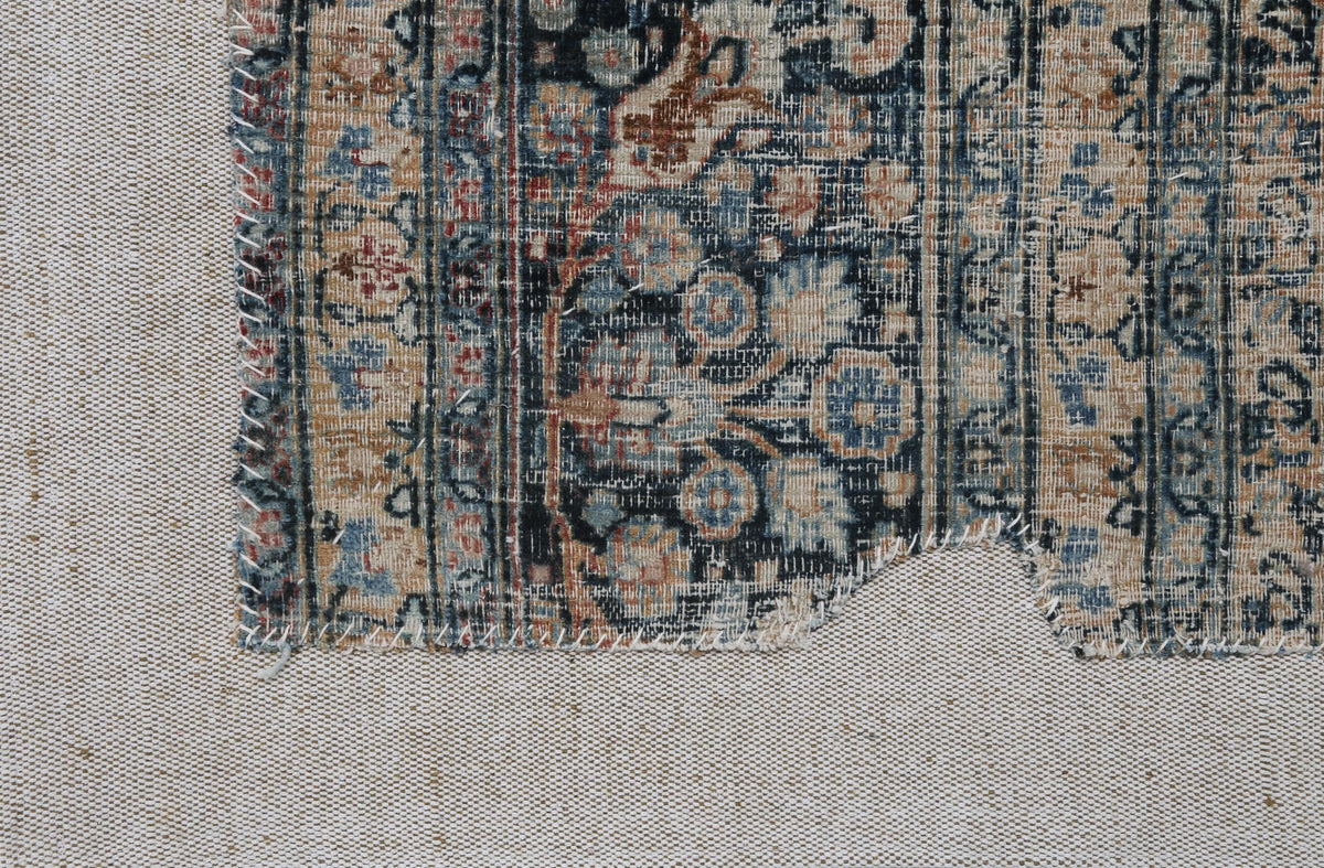 3x4 Vintage Turkish Tapestry Rug, Blue Beige Floral Wool Textile, Distressed Woven Wall Art