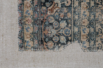 3x4 Vintage Turkish Tapestry Rug, Blue Beige Floral Wool Textile, Distressed Woven Wall Art