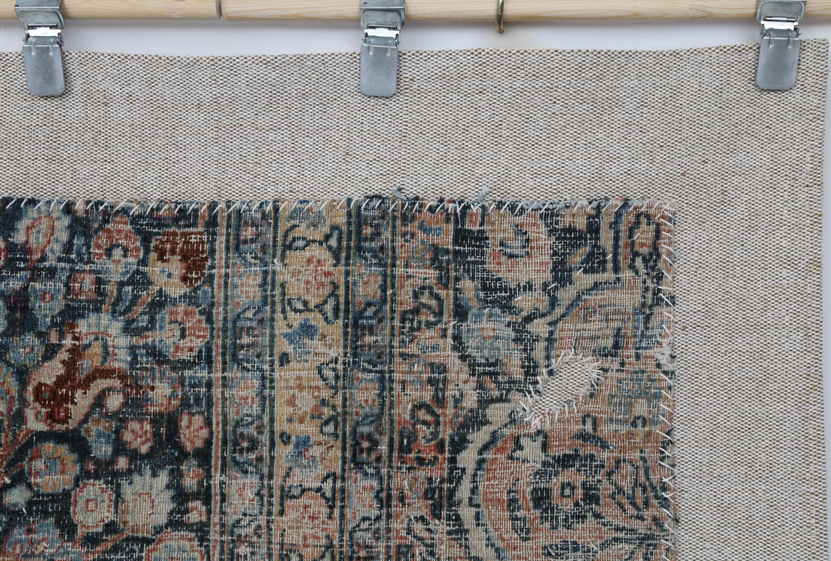 3x4 Vintage Turkish Tapestry Rug, Blue Beige Floral Wool Textile, Distressed Woven Wall Art