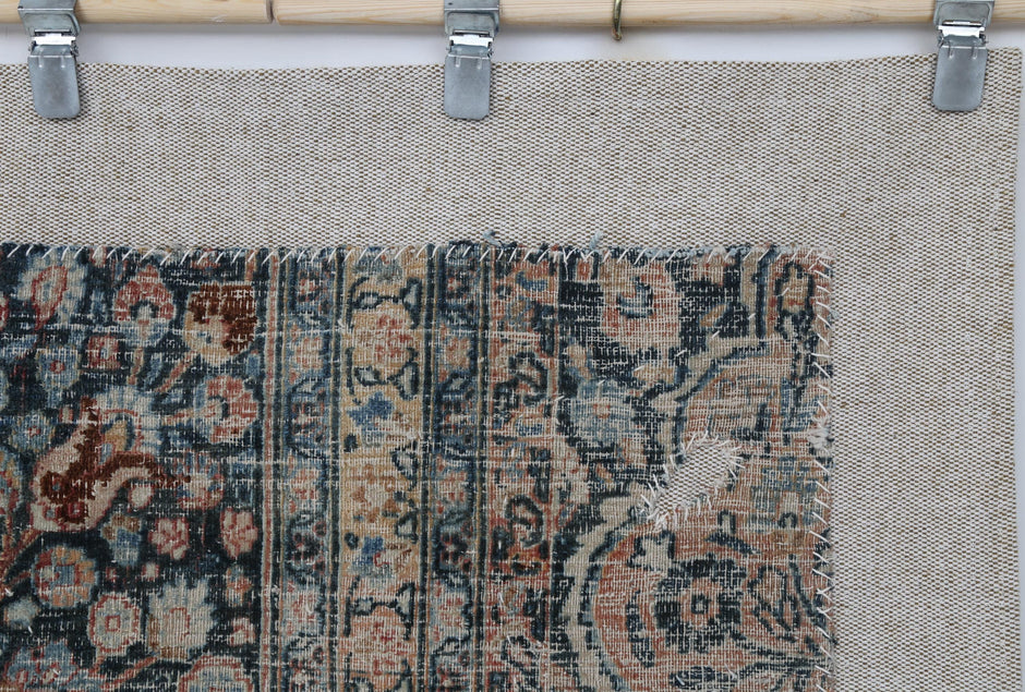 3x4 Vintage Turkish Tapestry Rug, Blue Beige Floral Wool Textile, Distressed Woven Wall Art
