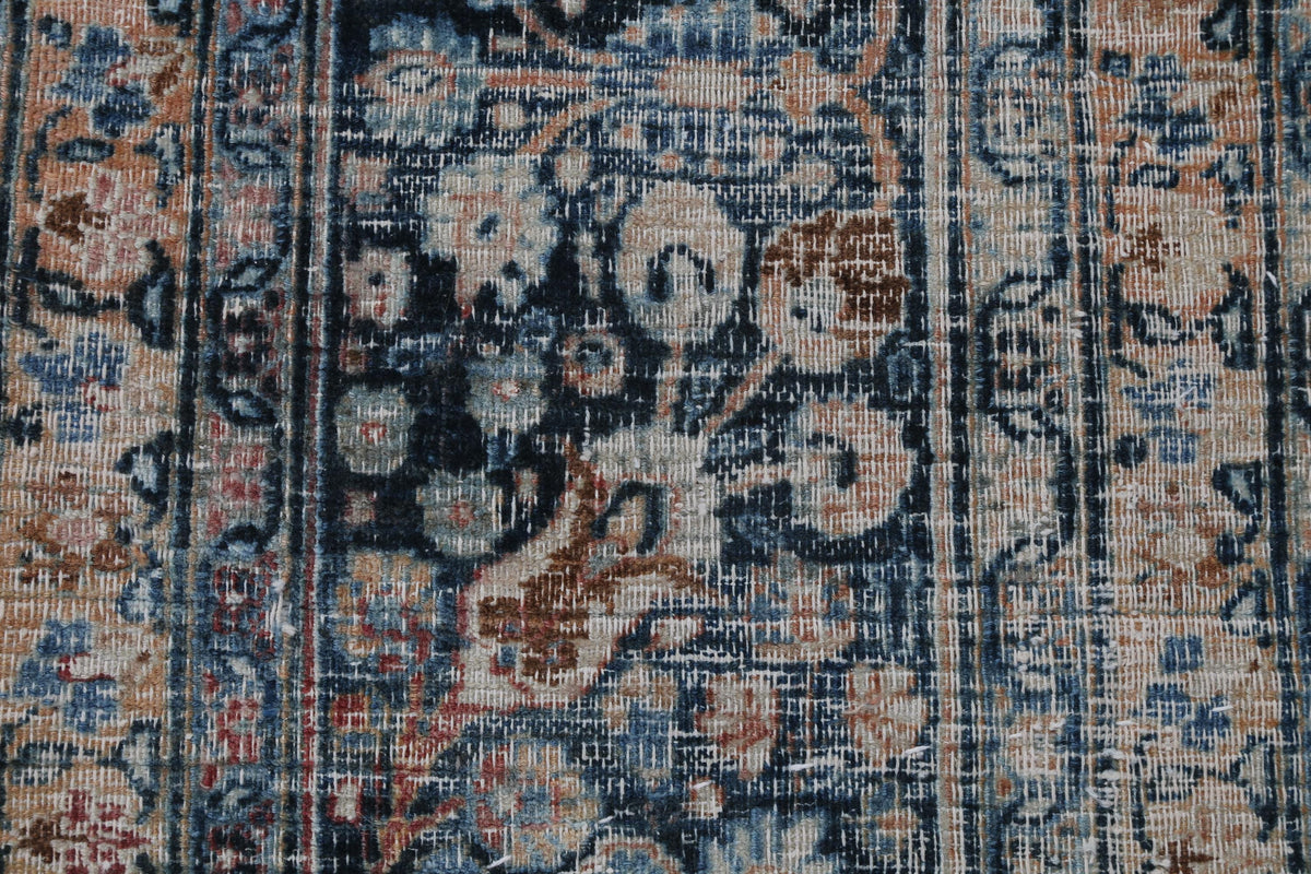3x4 Vintage Turkish Tapestry Rug, Blue Beige Floral Wool Textile, Distressed Woven Wall Art