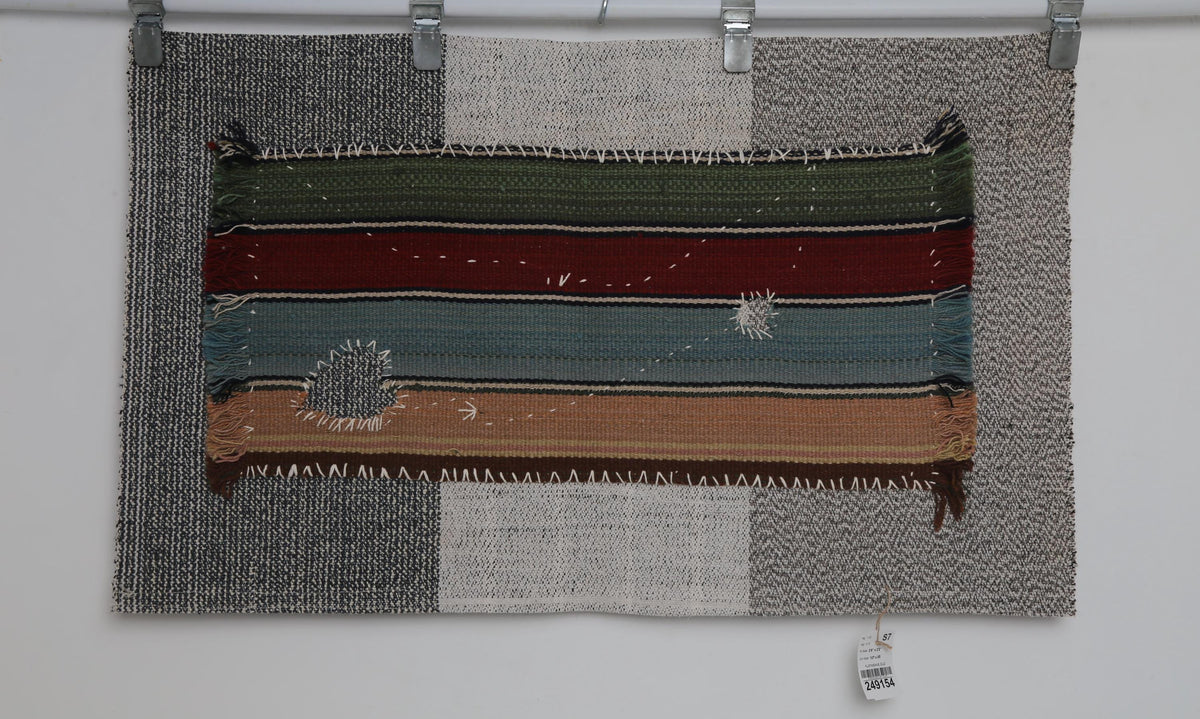 2x4 Vintage Turkish Wool Kilim Wall Art, Handwoven Striped Textile Hanging